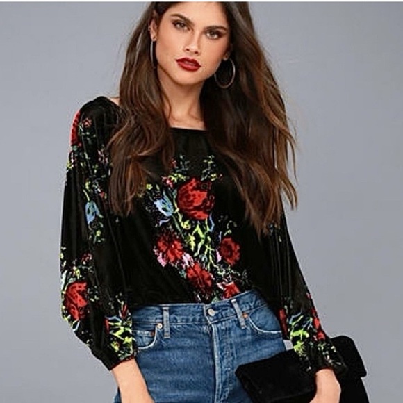 Free People Black Velvet Slouchy Floral Bodysuit Keyhole Amor Whimsigoth Large - Picture 3 of 11